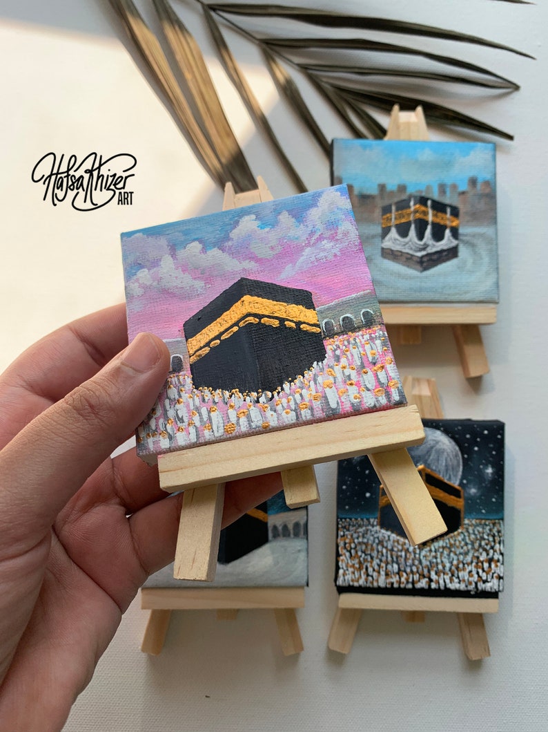 Hajj Umrah gift, kaaba painting, small Islamic mini canvas painting with easel, Hajj mubarak, umrah mubarak, labbayk image 7