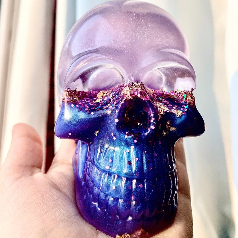 liquid core glitter skull shaker snowglobe. skull decor, Holographic Shaker Skull, fidget stim toy, magical glitter skull paperweight image 2