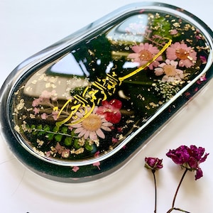 islamic decor tray,  trinket jewellery ring dish, hijab pin tray, oval Serving tray, floral pressed flower bismillah tray