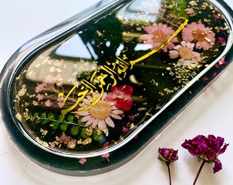 Handmade islamic Bismillah decor tray, black floral Vintage style jewelery ring dish