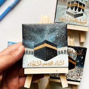 Hajj Umrah gift, kaaba painting, small Islamic mini canvas painting with easel, Hajj mubarak, umrah mubarak, labbayk image 5