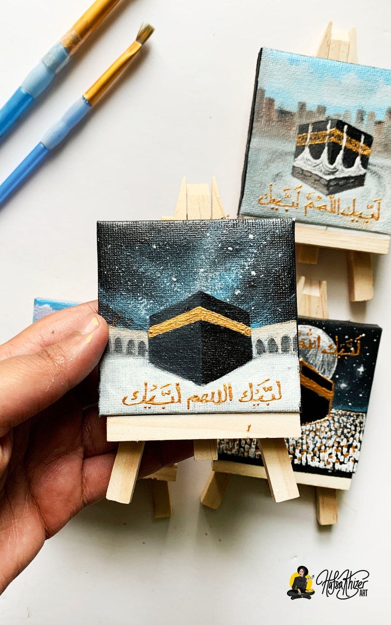 Hajj Umrah gift, kaaba painting, small Islamic mini canvas painting with easel, Hajj mubarak, umrah mubarak, labbayk image 5