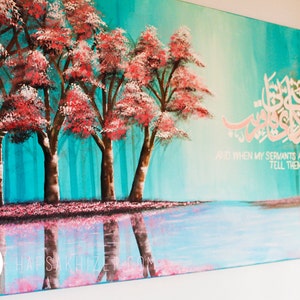 Islamic wall art painting on canvas, pink cherry blossom trees, islamic Calligraphy, verily in the remembrance of allah do hearts find rest image 4