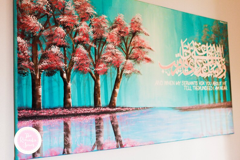 Islamic wall art painting on canvas, pink cherry blossom trees, islamic Calligraphy, verily in the remembrance of allah do hearts find rest image 4