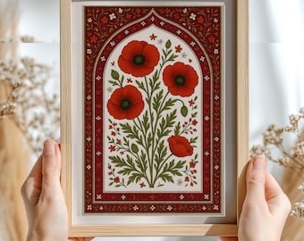 May include: A framed art print featuring a stylized illustration of red poppies. The artwork is set against a white background within a decorative arch, framed by a red border with floral accents. The frame is made of light-colored wood.