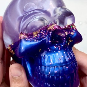 liquid core glitter skull shaker snowglobe. skull decor, Holographic Shaker Skull, fidget stim toy, magical glitter skull paperweight image 5