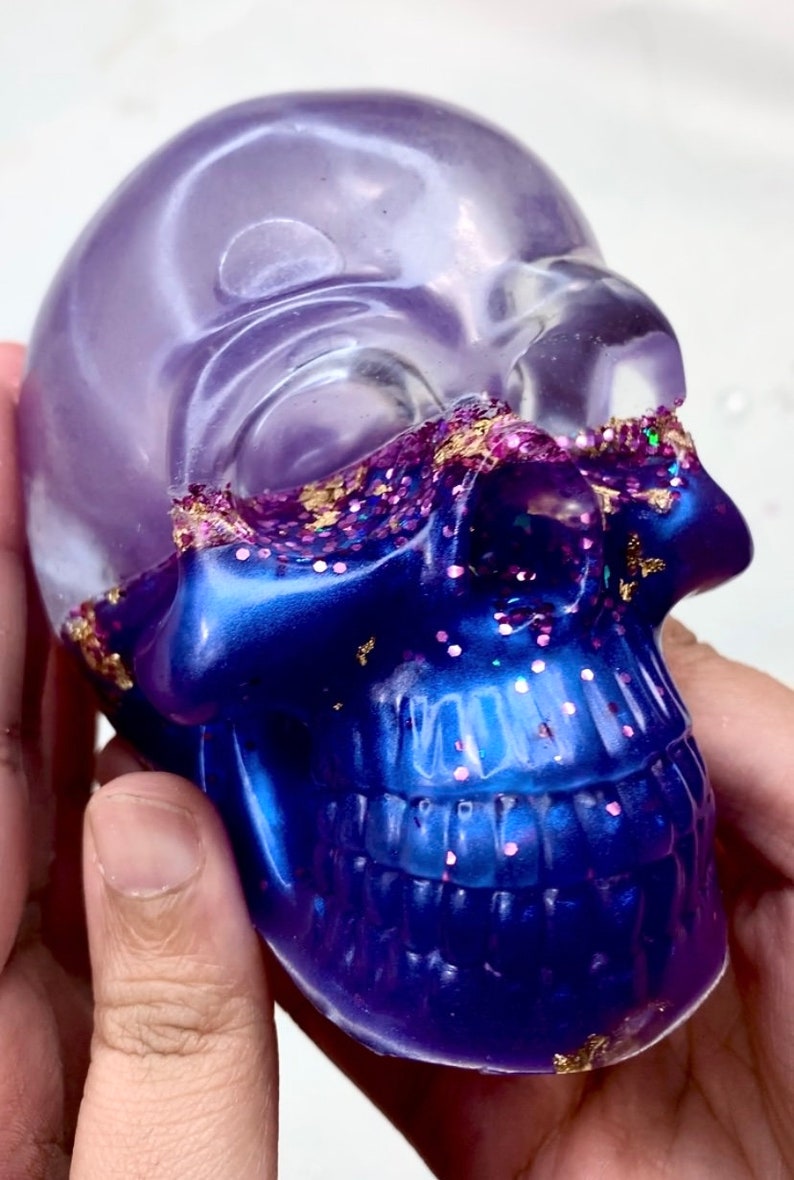 liquid core glitter skull shaker snowglobe. skull decor, Holographic Shaker Skull, fidget stim toy, magical glitter skull paperweight image 5