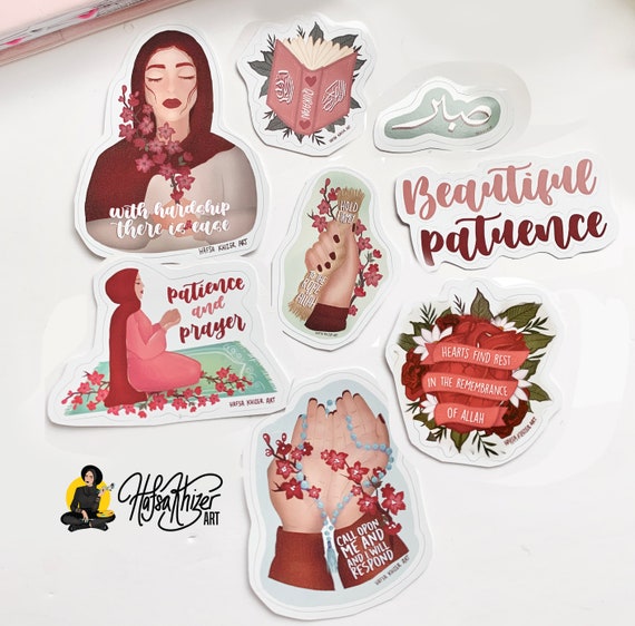 Islamic Stickers: cute Hijabi praying Laptop Stickers, Sabr tawakkul Sticker Set