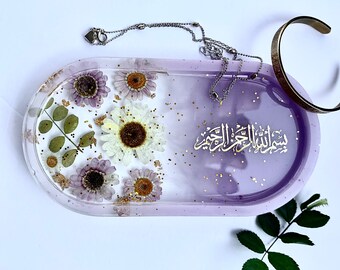 islamic decor tray, real dried pressed flowers in resin, purple jewellery trinket tray ring dish, bismillah decor, Islamic Gift