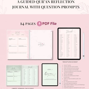 Pode incluir: Um diário de reflexão do Alcorão guiado com perguntas. O download digital inclui 14 páginas e um arquivo PDF. O diário apresenta um design rosa e verde, com uma lista de recursos incluídos, como rastreador de Surah, páginas de mapas mentais e seções de notas Tafsir.