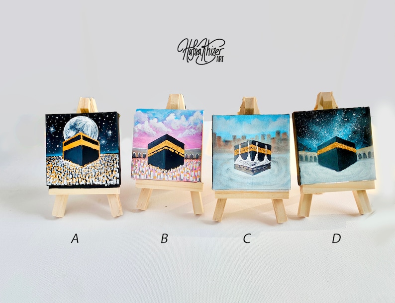 Hajj Umrah gift, kaaba painting, small Islamic mini canvas painting with easel, Hajj mubarak, umrah mubarak, labbayk image 4