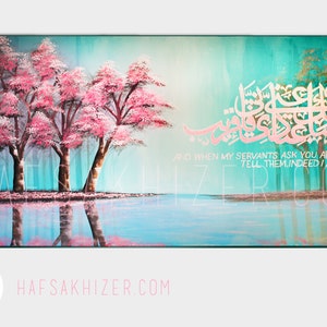 Islamic wall art painting on canvas, pink cherry blossom trees, islamic Calligraphy, verily in the remembrance of allah do hearts find rest image 3