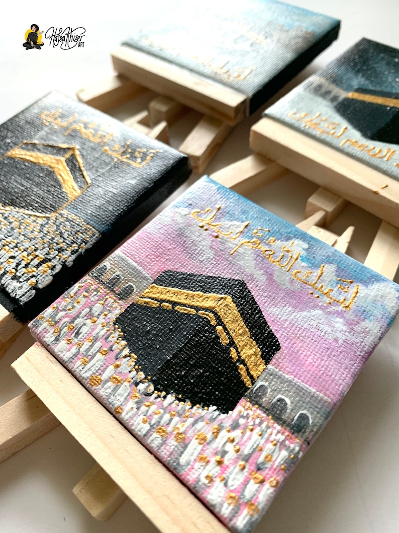 Hajj Umrah gift, kaaba painting, small Islamic mini canvas painting with easel, Hajj mubarak, umrah mubarak, labbayk image 3