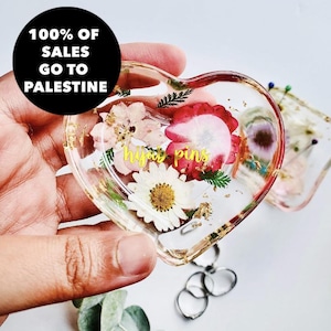 Free Palestine - floral Heart trinket ring dish tray, floral real preserved pressed flower jewellery tray box, hijab pin tray