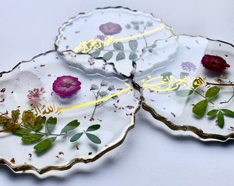 islamic Coasters, bismillah coaster, Dried pressed flower roses coaster, ring jewellery dish tray, islamic gift