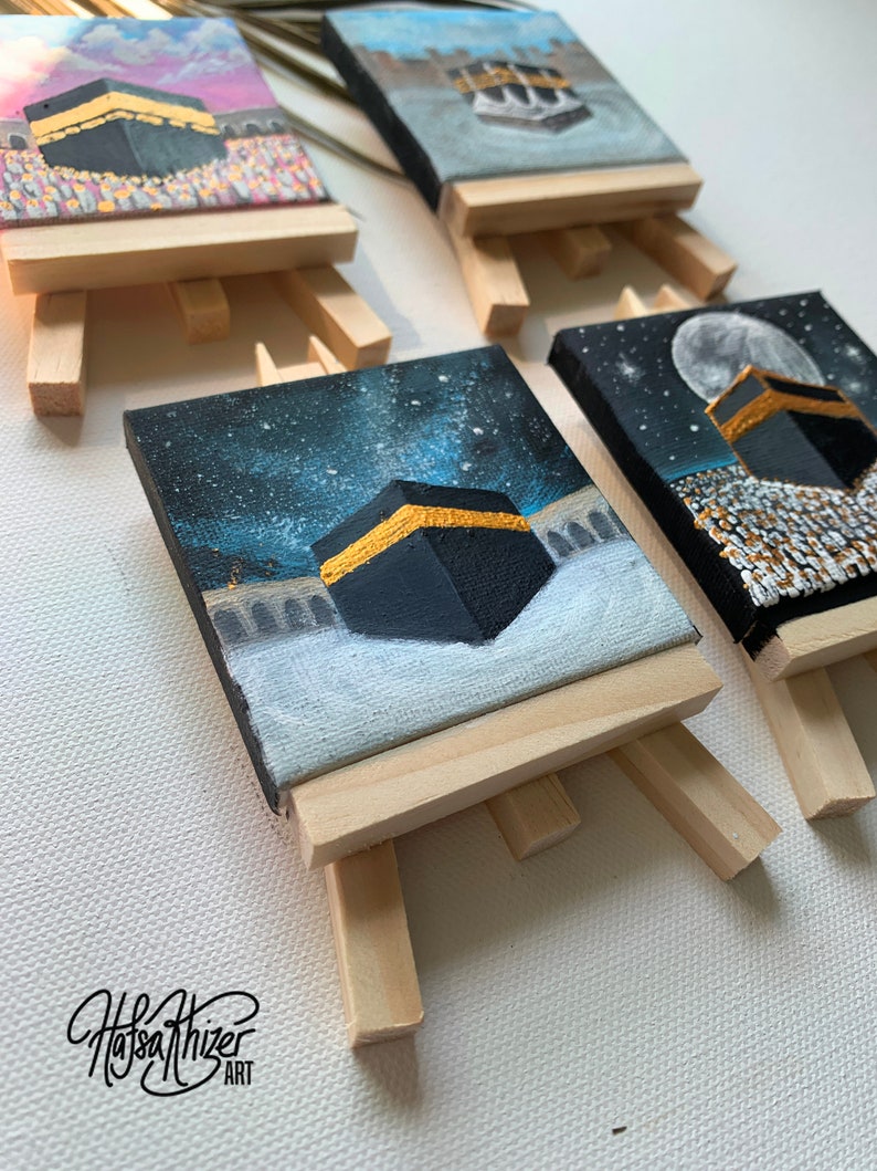 Hajj Umrah gift, kaaba painting, small Islamic mini canvas painting with easel, Hajj mubarak, umrah mubarak, labbayk image 6