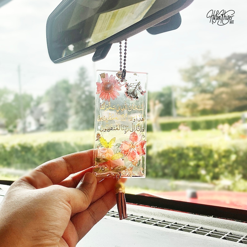 islamic car mirror hanging pendant charm with travel dua, resin pressed flower car mirror hanging image 8