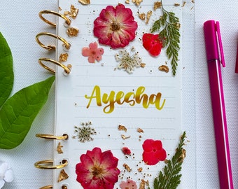 personalized name Notebook journal diary,  kawaii  Pressed Flower notebook, Sketchbook (Reusable / refillable)