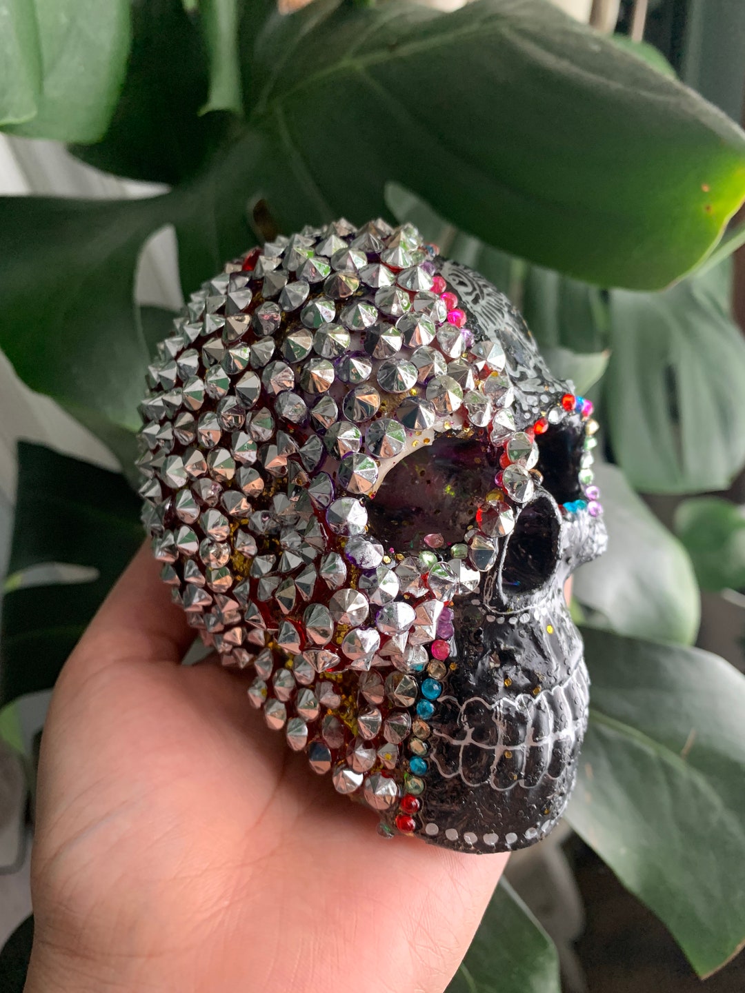 Handmade Jeweled Spike Skull Decor: Goth Resin Skull - Main Image
