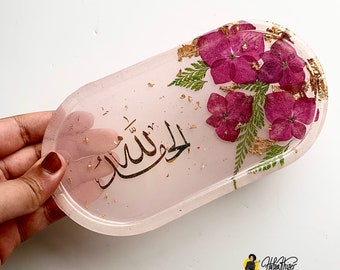 islamic decor tray, real dried red roses in resin, pink purple jewellery trinket tray or ring dish, alhamdulillah