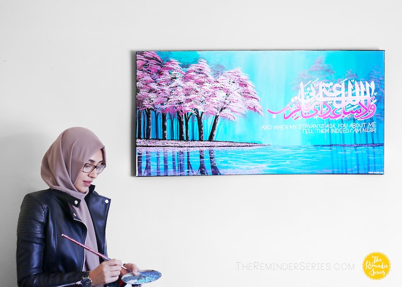 Islamic wall art painting on canvas, pink cherry blossom trees, islamic Calligraphy, verily in the remembrance of allah do hearts find rest image 1