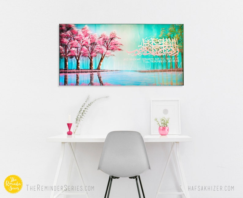 Islamic wall art painting on canvas, pink cherry blossom trees, islamic Calligraphy, verily in the remembrance of allah do hearts find rest image 2