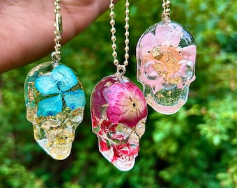Personalized Floral Skull Car Mirror hanging Charm: Real Dried Flowers