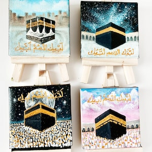 Hajj Umrah gift, kaaba painting, small Islamic mini canvas painting with easel, Hajj mubarak, umrah mubarak, labbayk image 2