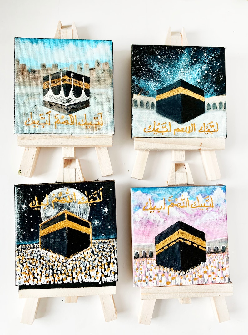 Hajj Umrah gift, kaaba painting, small Islamic mini canvas painting with easel, Hajj mubarak, umrah mubarak, labbayk image 2