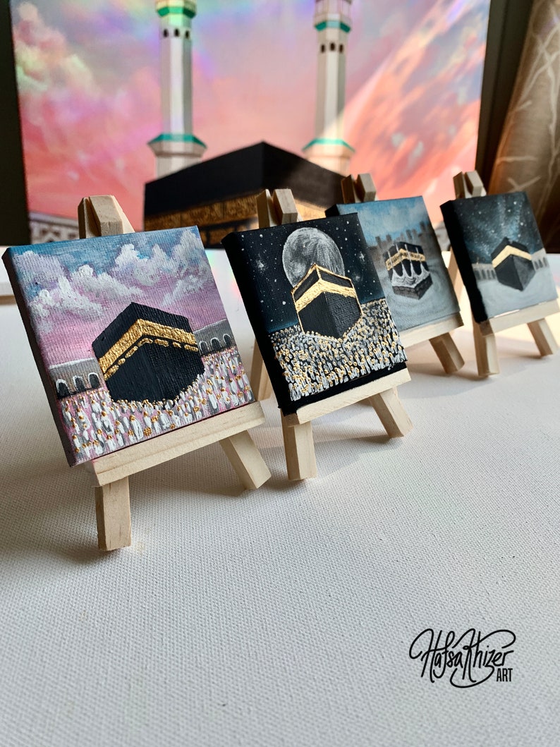 Hajj Umrah gift, kaaba painting, small Islamic mini canvas painting with easel, Hajj mubarak, umrah mubarak, labbayk image 8