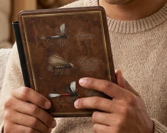 Personalized Fly Fishing Kindle Case | Vintage Leather Fly Fishing Book Cover | Kindle Paperwhite Cover for Anglers | Fisherman Gift