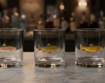 Brook Trout Whiskey Glass - Fly fishing Gift for Him, Fish Rocks Glass, Angler Barware, Fisherman Gift, Wildlife Glassware