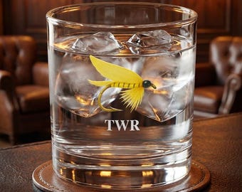 Fly Fishing Lure Whiskey Glass | Custom rocks glass for anglers | Fishing gift for dad | Fly fisherman barware | Initials Fish