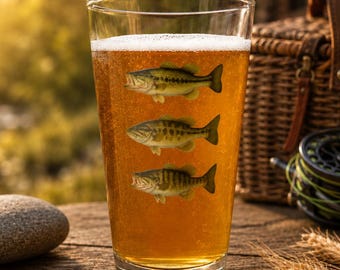 Bass Fishing Pint Glass 16oz | Largemouth Bass Beer Glass | Fisherman Gift for Dad Husband | Fishing Gift for Him | Lake House Cabin Barware
