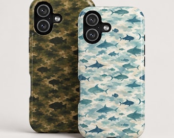 Fish Phone Case for iPhone Samsung | Matte Camo Fishing Case, Ocean Shark Blue Fish Cover, Gift for Fishermen Men | Fish Camo Phone Case
