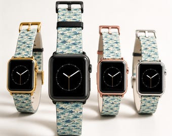 Fish Apple Watch Band | Blue Camo Watch Strap, Coastal Fish Pattern Faux Leather Band, Fishing Gift for Angler