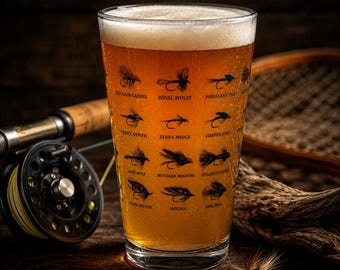 Copo de cerveja para pesca com mosca, 473ml | Copo de cerveja com estampa de mosca para truta | Presente para pescador com mosca | Artigos de bar para pesca | Copo para pescador