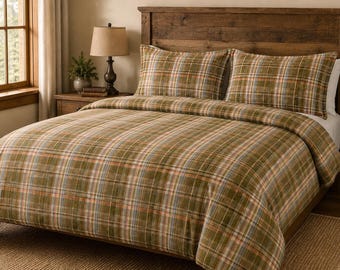Trout Fishing Duvet Cover Set | Fly Fishing Bedding for Men | Fisherman Gift | Rustic Cabin Bedding | Plaid Angler Bedroom Decor