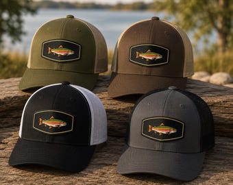 Rainbow Trout Hat, Fly Fishing Gift for Men, Fishing Hat for Dad, Trout Fishing Hat, Angler Gift, Fisherman Gift, Embroidered Trucker Cap