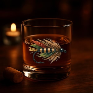 Fly Fishing Lure Whiskey Glass | Colorful rocks glass for anglers | Fishing gift for dad | Fly fisherman barware | Outdoor cabin drinkware