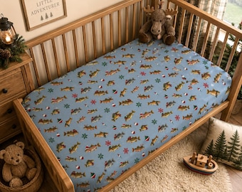 Christmas Fishing Crib Sheet | Bass Trout Nursery Bedding | Holiday Fish Baby Sheet | Mini or Standard Fitted Crib Bedding