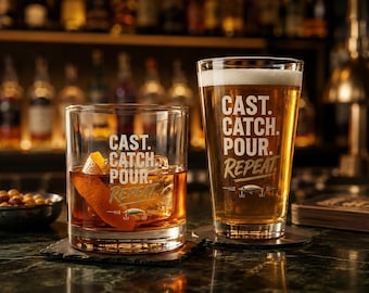 Fly Fishing Gift for Men | Fishing Whiskey Glass Set, Fisherman Gift, Bourbon Glass & Beer Pint Glass, Trout Fishing Gift