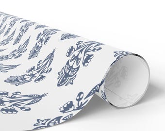 Blue Block Print Gift Wrap Paper | Indian Block Print Wrapping Paper | Floral Pattern Gift Wrap | Artisan Present Wrap