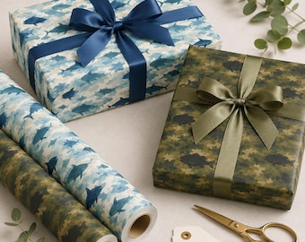 Fish Wrapping Paper Glossy Gift Wrap | Shark Ocean Wrap, Camo Fishing Gift Paper, Fisherman Birthday Gift Wrap