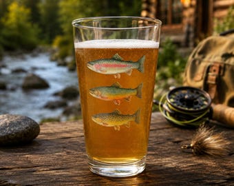 Trout Fishing Pint Glass 16oz | Rainbow Brook Brown Trout Beer Glass | Fly Fishing Gift for Dad & Husband | Angler Gift for Him | Cabin Gift