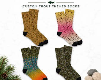 Trout Socks for Men | Fly Fishing Gift for Fisherman | Rainbow Brook Brown Trout Crew Socks | Angler Stocking Stuffer