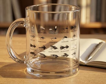 Fly Fishing Glass Coffee Mug 10oz | Fly Pattern Mug for Anglers, Trout Fisherman Gift, Fly Tying Coffee Cup, Fishing Lodge Drinkware