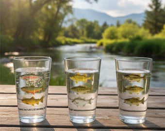 Fishing Pint Glass with Fish Species Art | 16oz Mixing & Drinking Glass | Trout Gift Bass Gift for Fishermen, Dad, Outdoorsmen