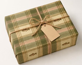 Trout Wrapping Paper | Fishing Gift Wrap for Men | Rustic Plaid Fisherman Birthday Wrap | Fly Fishing Angler Gift Paper