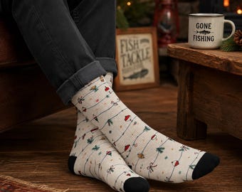 Christmas Fishing Socks for Men | Fisherman Gift, Fly Fishing Holiday Socks, Angler Stocking Stuffer, Fishing Lure Crew Socks